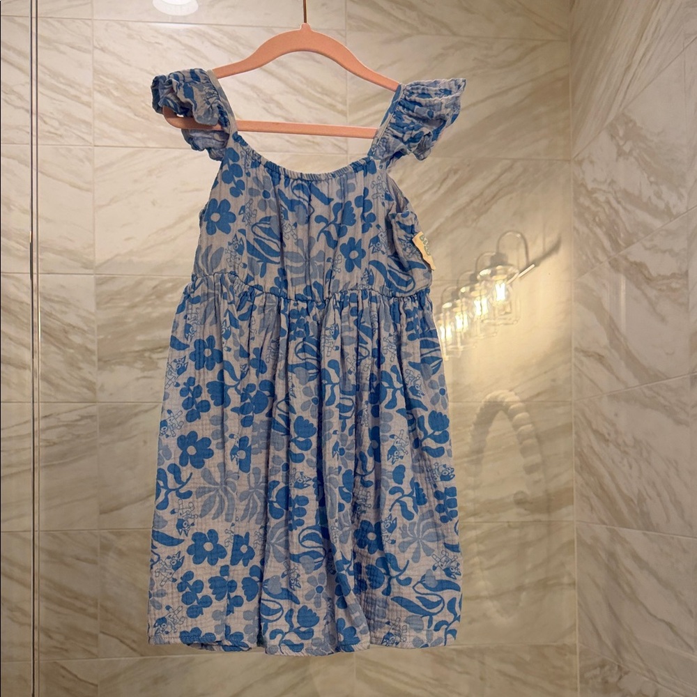 Floral Bluey Blue Kids Dress with Ruffled Sleeves